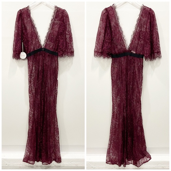 Luxxel Dresses & Skirts - Luxxel Lace Deep V-Neck Scalloped Maxi Dress in Wine Sheer Medium
